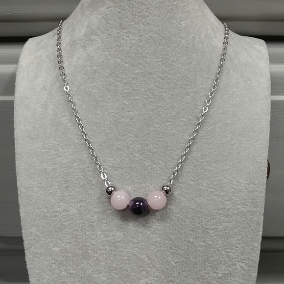Rose Quartz Amethyst Three Bead Necklace Natural Gemstone Crystal StainlessSteel - Picture 4 of 11